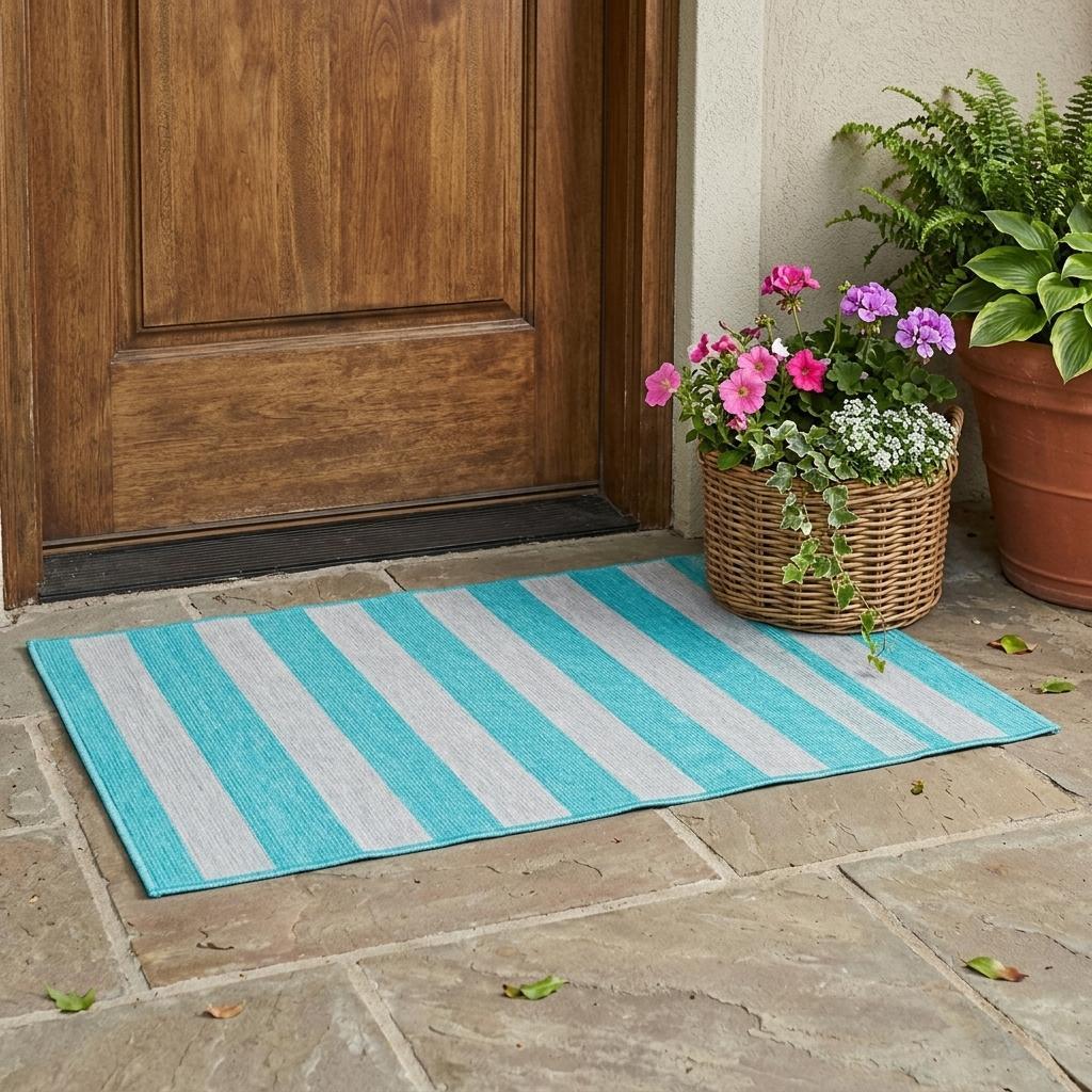 3' X 5' Turquoise Striped Washable Non Skid Indoor Outdoor Area Rug - Outdoor