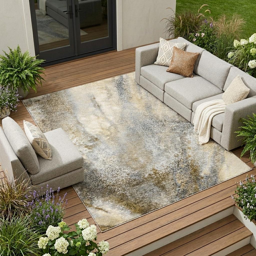 8' X 10' Beige Abstract Washable Non Skid Indoor Outdoor Area Rug - Outdoor