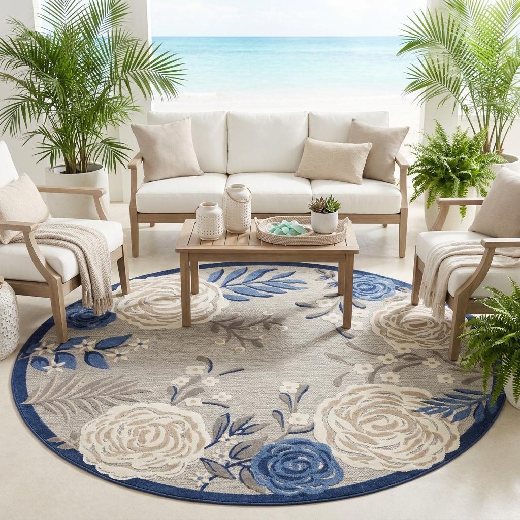8' Blue and Gray Round Floral Indoor Outdoor Area Rug - Outdoor