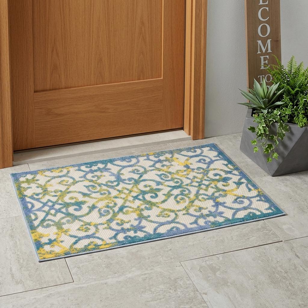 3' X 4' Ivory And Blue Indoor Outdoor Area Rug - Outdoor