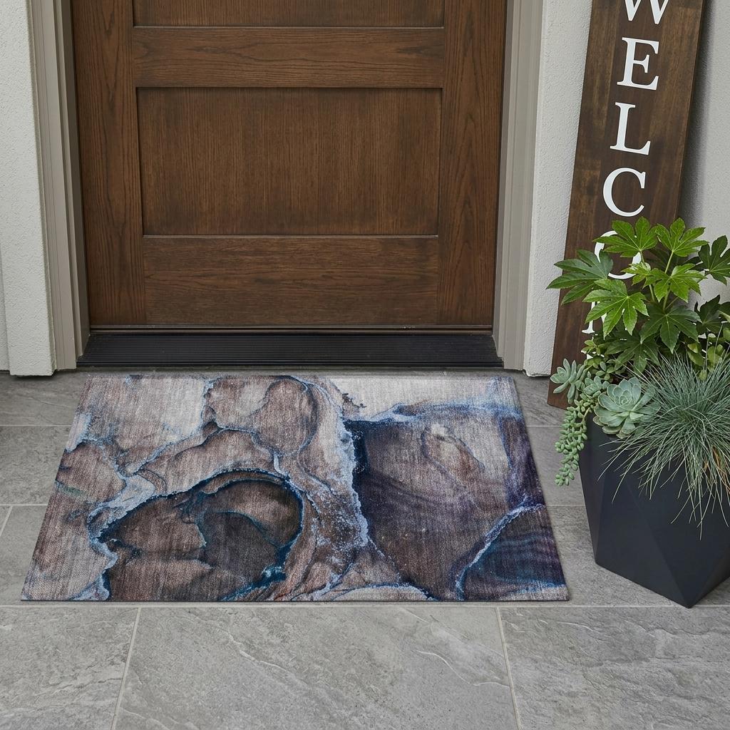 2' X 3' Navy Blue Abstract Washable Non Skid Indoor Outdoor Area Rug - Outdoor