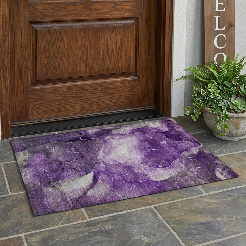 2' X 3' Purple Abstract Washable Non Skid Indoor Outdoor Area Rug - Outdoor