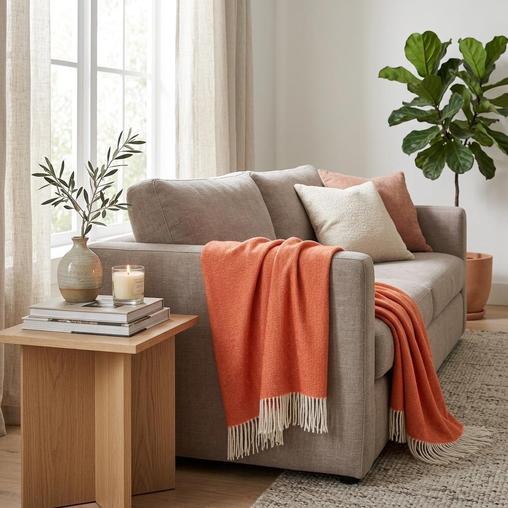 50" X 60" Orange And White Woven Herringbone Plush Throw Blanket - Home Decor