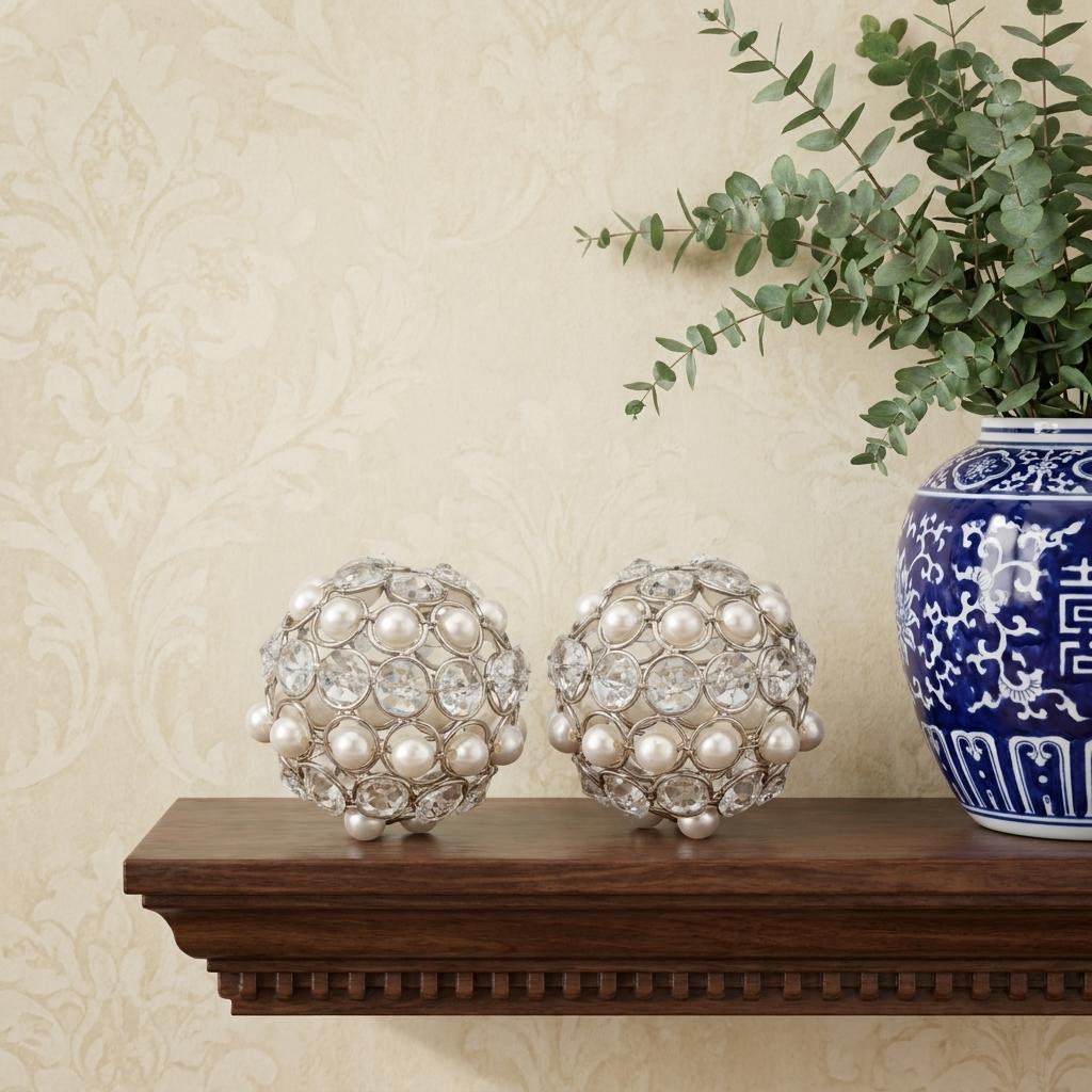 Set of Two Silver and Clear Faux Crystal and Pearl Decorative Orbs - Home Decor