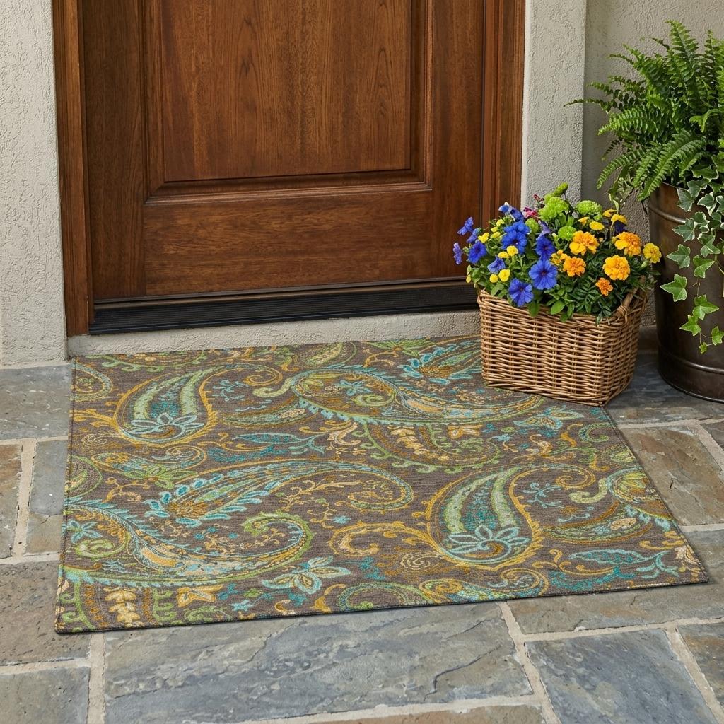 3' X 5' Brown Aqua and Gold Paisley Washable Non Skid Indoor Outdoor Area Rug - Sports & Outdoor