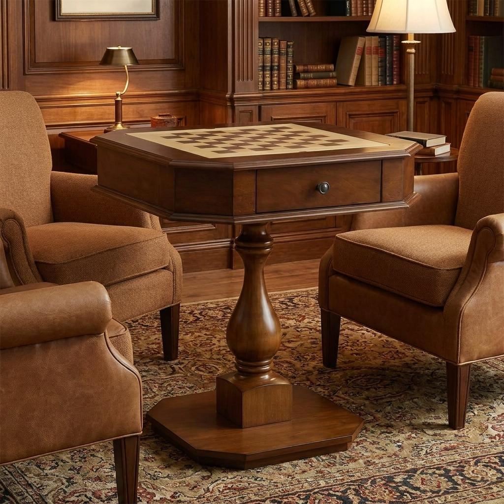 28" Brown Cherry Octagonal Game Table With Drawer - Living Room