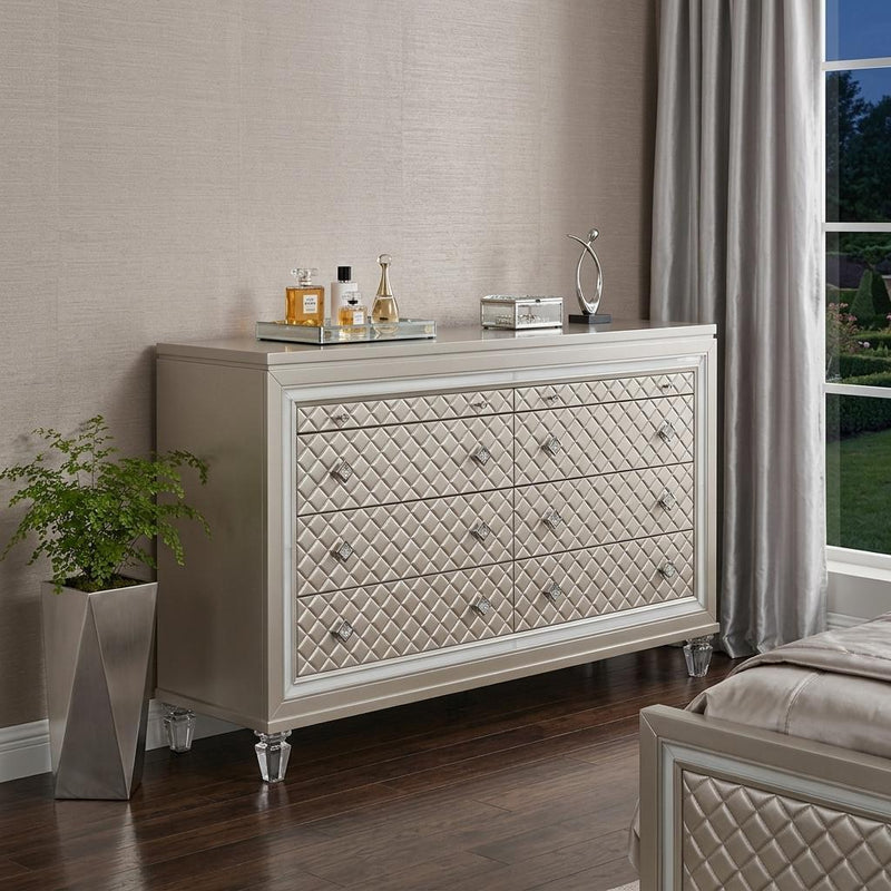 65" Champagne Carved Geometric Solid Wood Mirrored Six Drawer Dresser - Bed & Bath