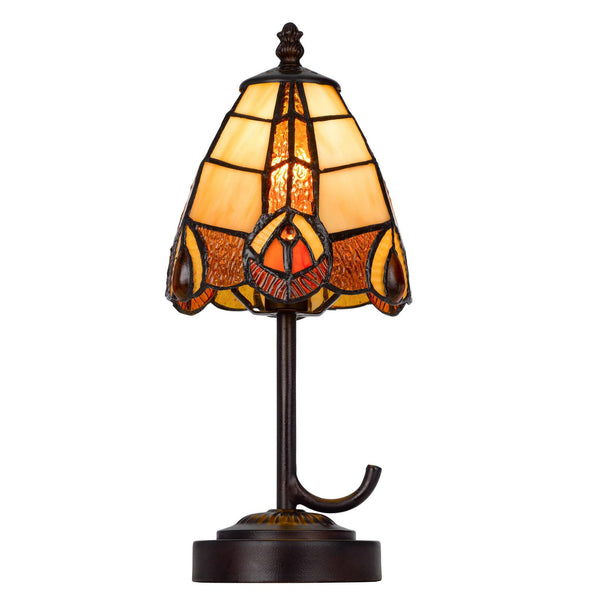 Bronze Tiffany-style table lamp with cone stained-glass shade and metal curved hook
