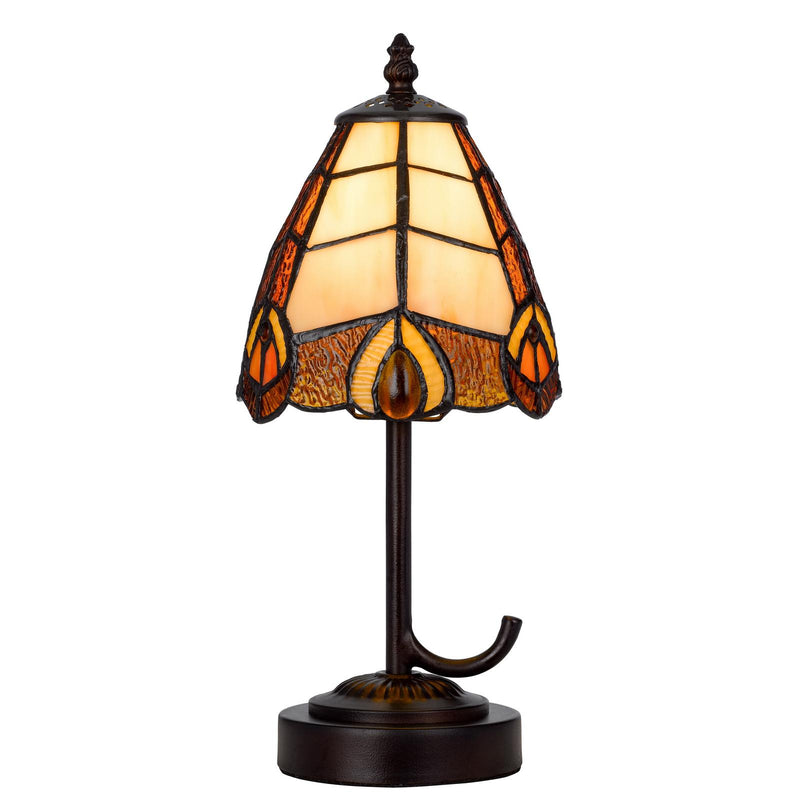 Bronze table lamp with cone stained-glass shade and curved pull-cord hook on base