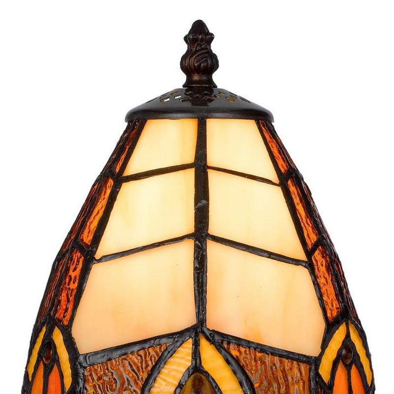 Stained-glass cone lamp shade with amber glass panels and dark metal top cap