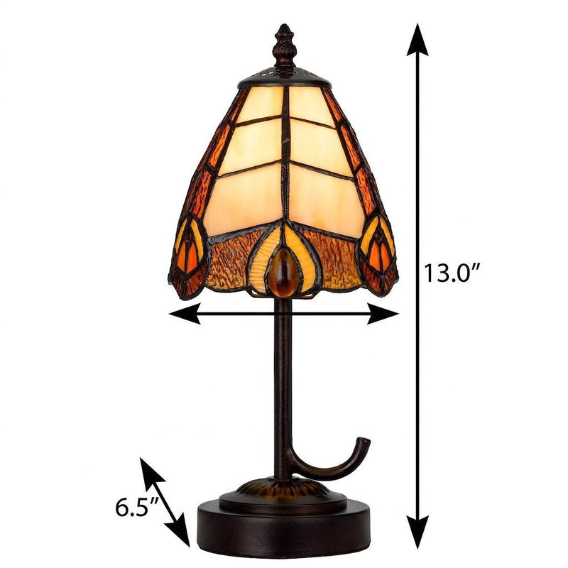 Bronze table lamp with cone stained-glass shade; 13.0 in height, 6.5 in width