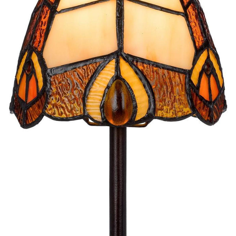 Cone stained-glass lamp shade with amber panels, dark metal lines, and teardrop center