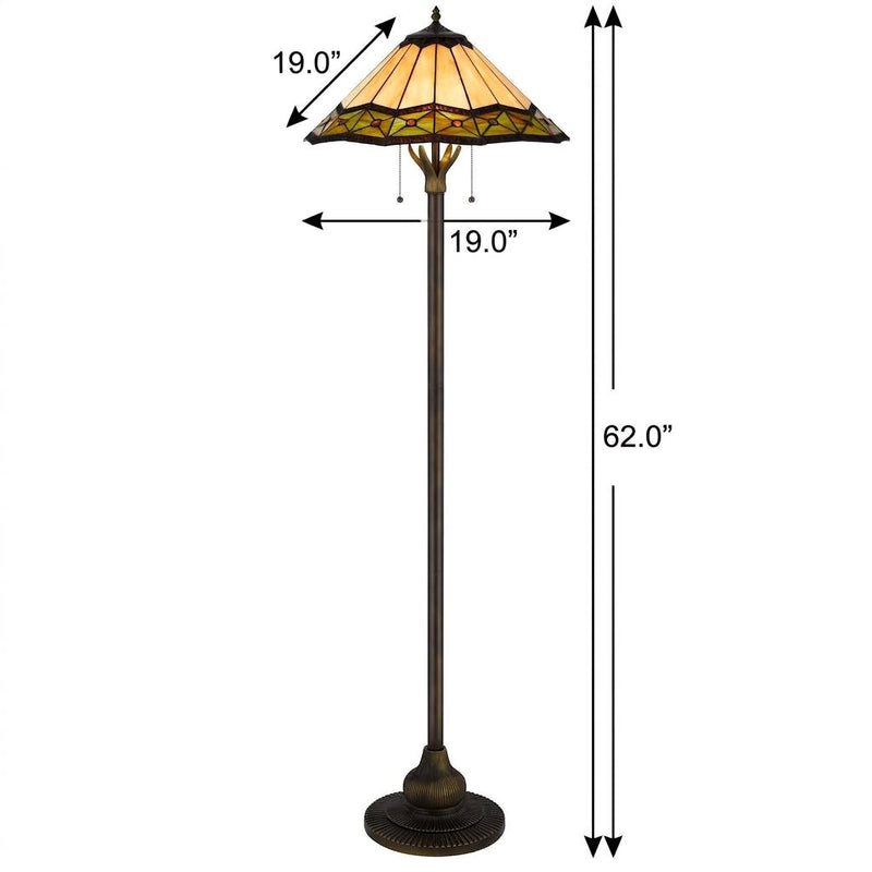 Bronze two-light floor lamp with stained glass shade, 62 in height shown