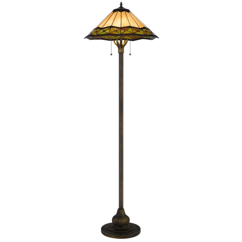 Bronze floor lamp with two-light stained glass shade featuring green and orange accents