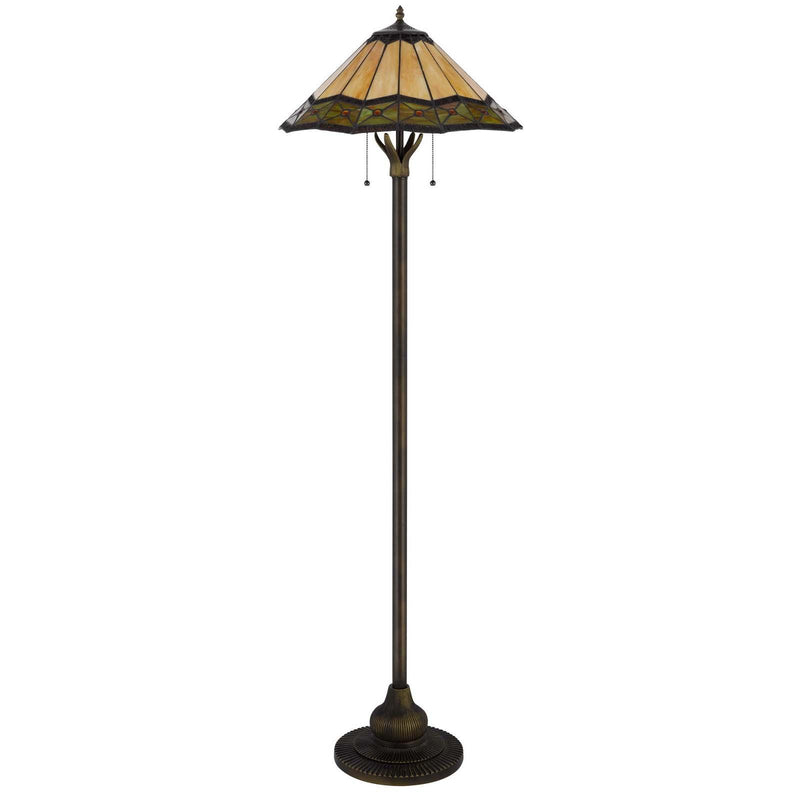 Bronze two-light floor lamp with stained glass empire shade in green and orange