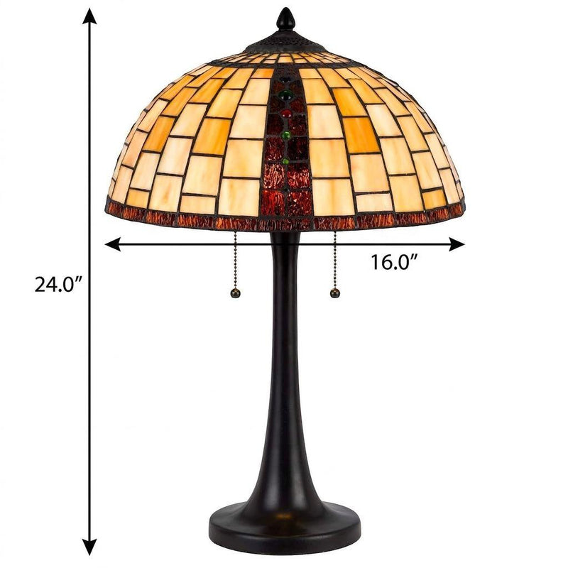 Bronze table lamp with round stained-glass dome shade and blackened base, hanging pull chains