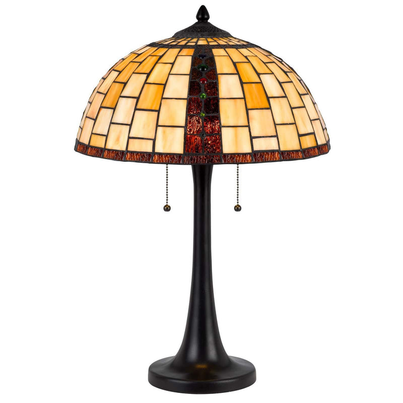 Bronze table lamp with amber-and-cream mosaic dome shade, red center panel, pull chains