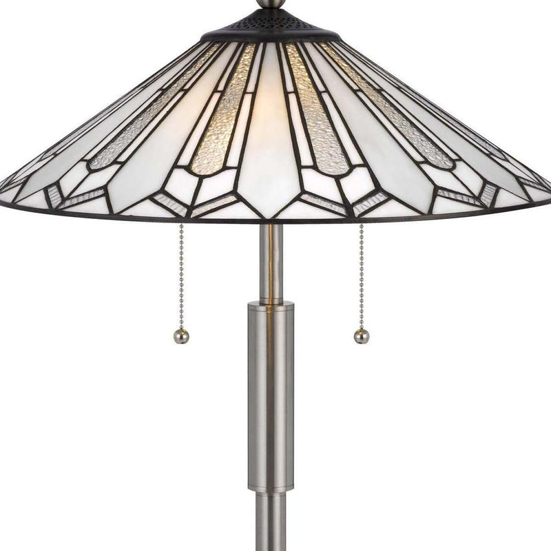 Front view of round Tiffany-style stained glass lamp shade with hanging pull chain