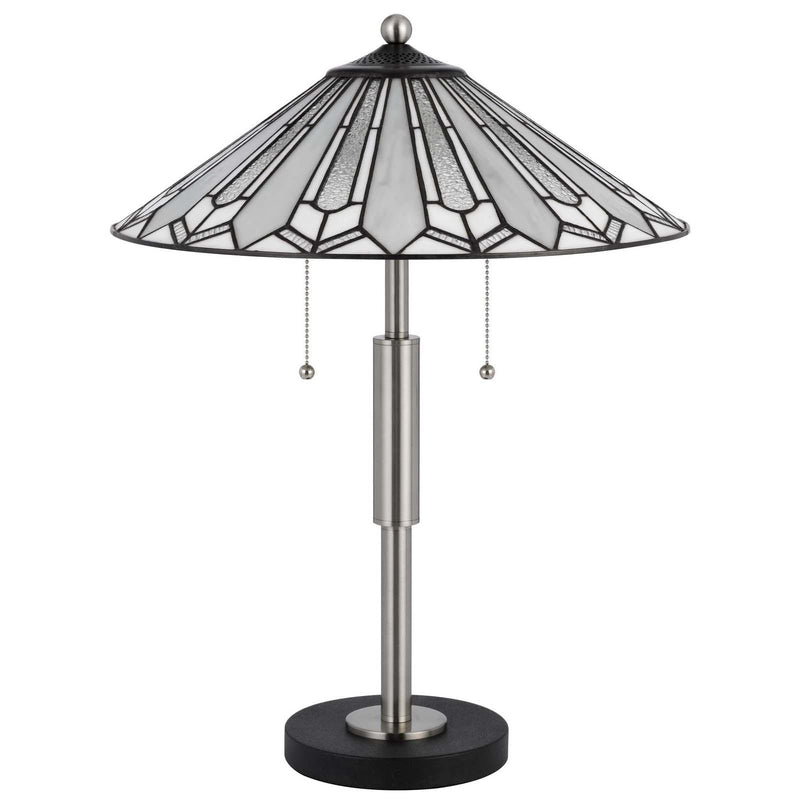 Full table lamp with black top cap, round stained glass shade, and dark round base