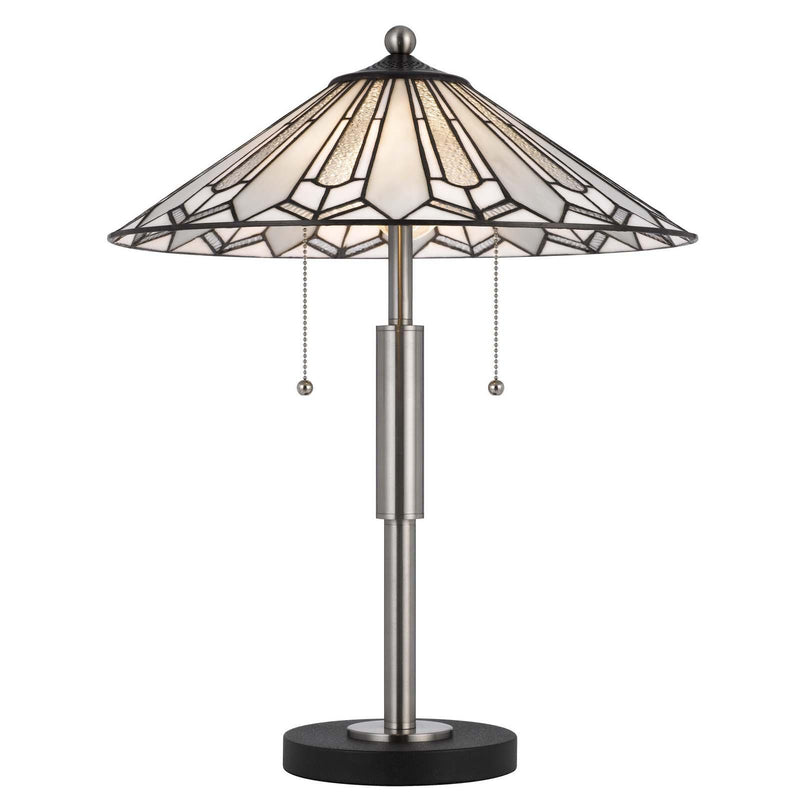 Round stained glass table lamp shade with gold-toned accents on brushed metal stand