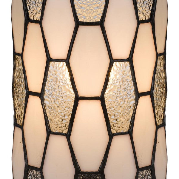 Bronze abstract stained-glass lamp shade with geometric lattice panels and dark frame
