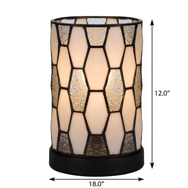 Bronze abstract cylinder lamp shade with geometric stained-glass panels and size measurements