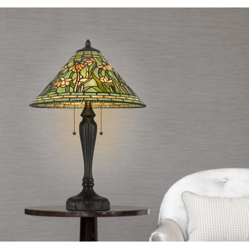 Bronze floral Tiffany-style dome lamp with bead fringe and dark bronze pedestal base