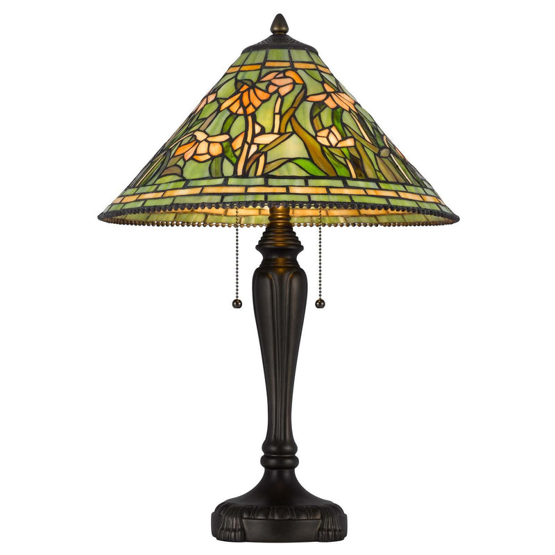 Bronze floral stained-glass dome table lamp with hanging bead accents and dark base