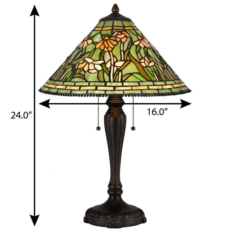 24-inch bronze floral Tiffany-style table lamp with stained-glass dome shade and dark base