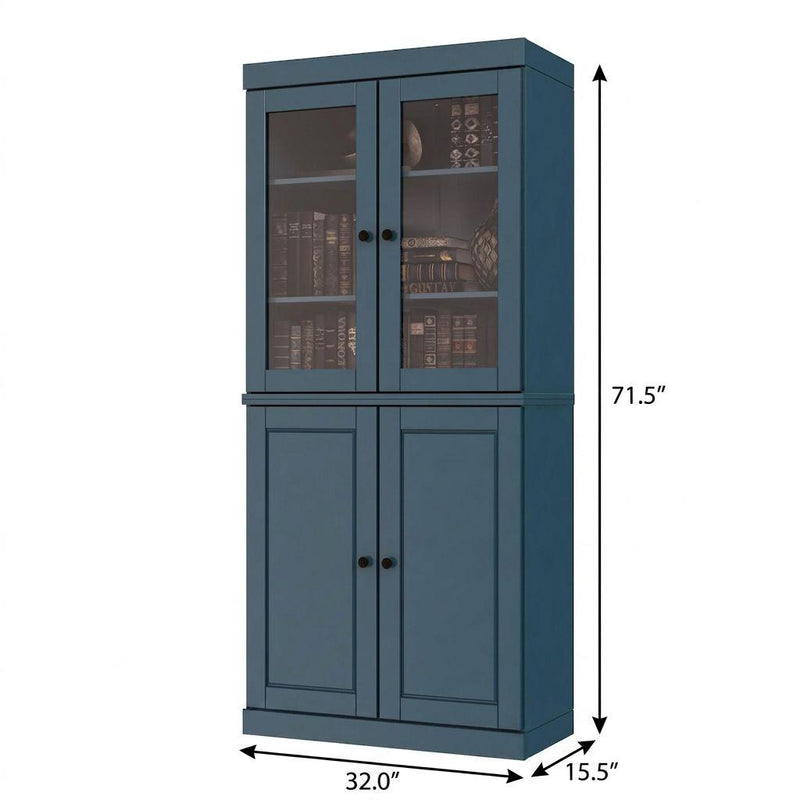 Teal blue wood bookcase with glass upper display doors and double lower doors, size shown