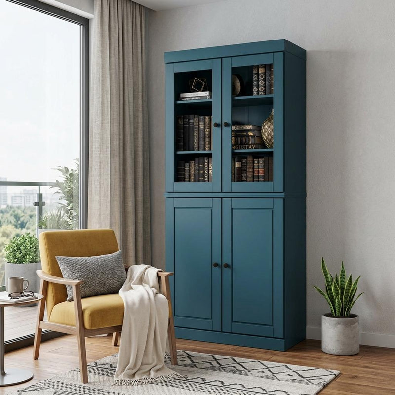 Teal blue wood bookcase with glass upper display and double lower cabinet doors
