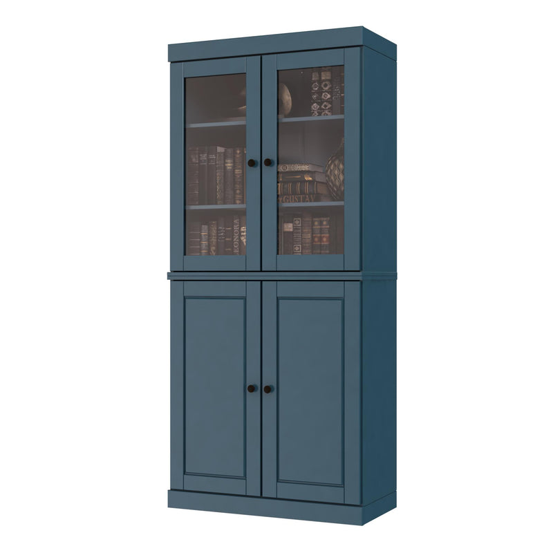 Teal blue wood bookcase with glass top cabinet and two-door lower storage