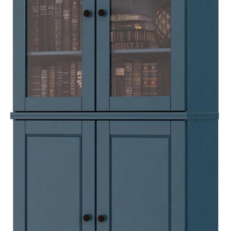 Teal blue wood bookcase front with glass upper doors and double lower cabinet doors