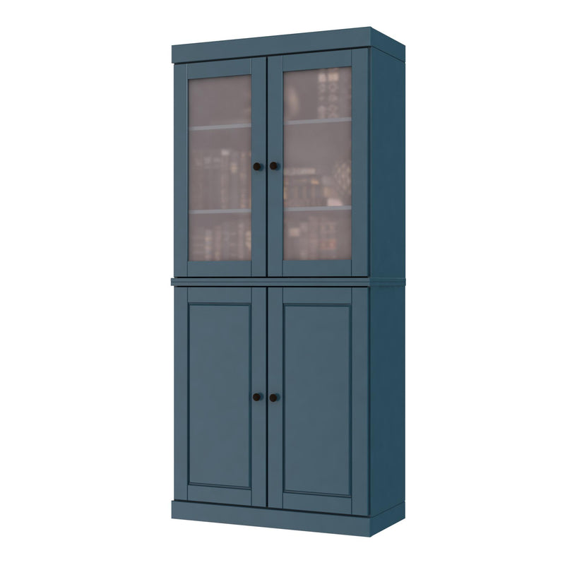 Teal blue wood bookcase with glass upper doors and double cabinet doors; full front view