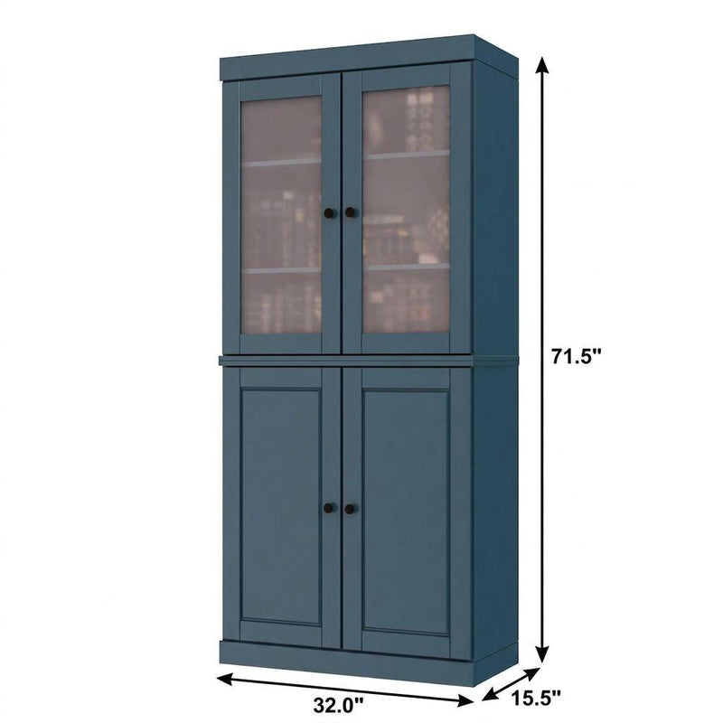 Teal blue bookcase with two glass doors above two solid doors; side dimensions shown