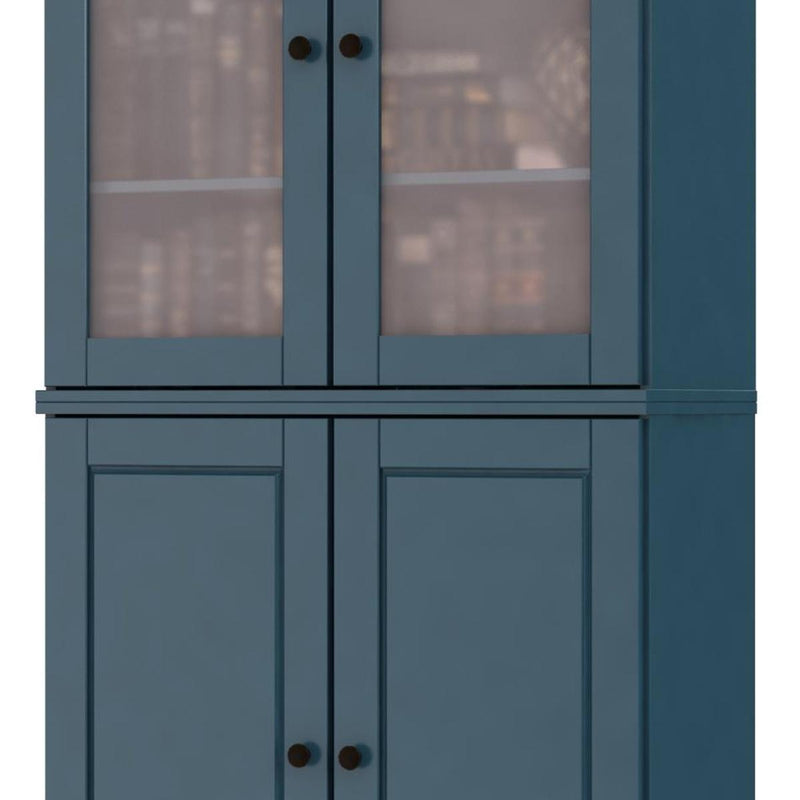 Teal blue wood cabinet lower doors with central panel and brass knob pulls