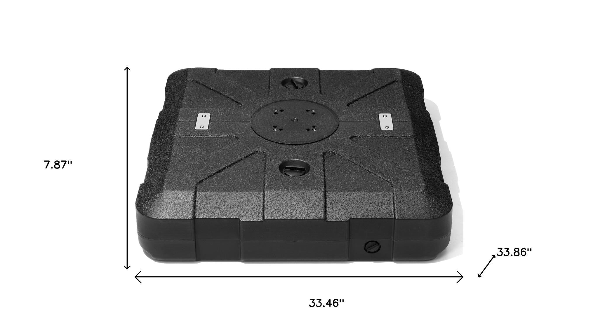 Black heavy-duty umbrella base with circular top plate and mounting holes