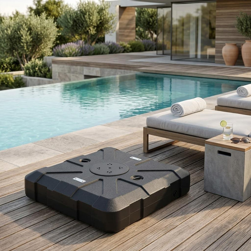 Black umbrella base with circular top plate and drainage/attachment openings