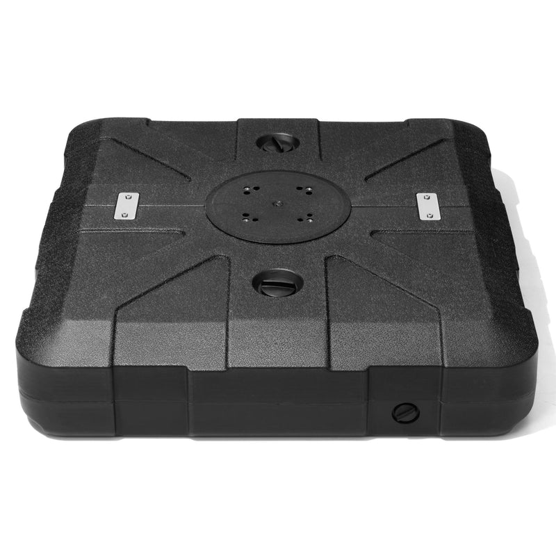 Black heavy-duty umbrella base top view with central circular plate and side openings