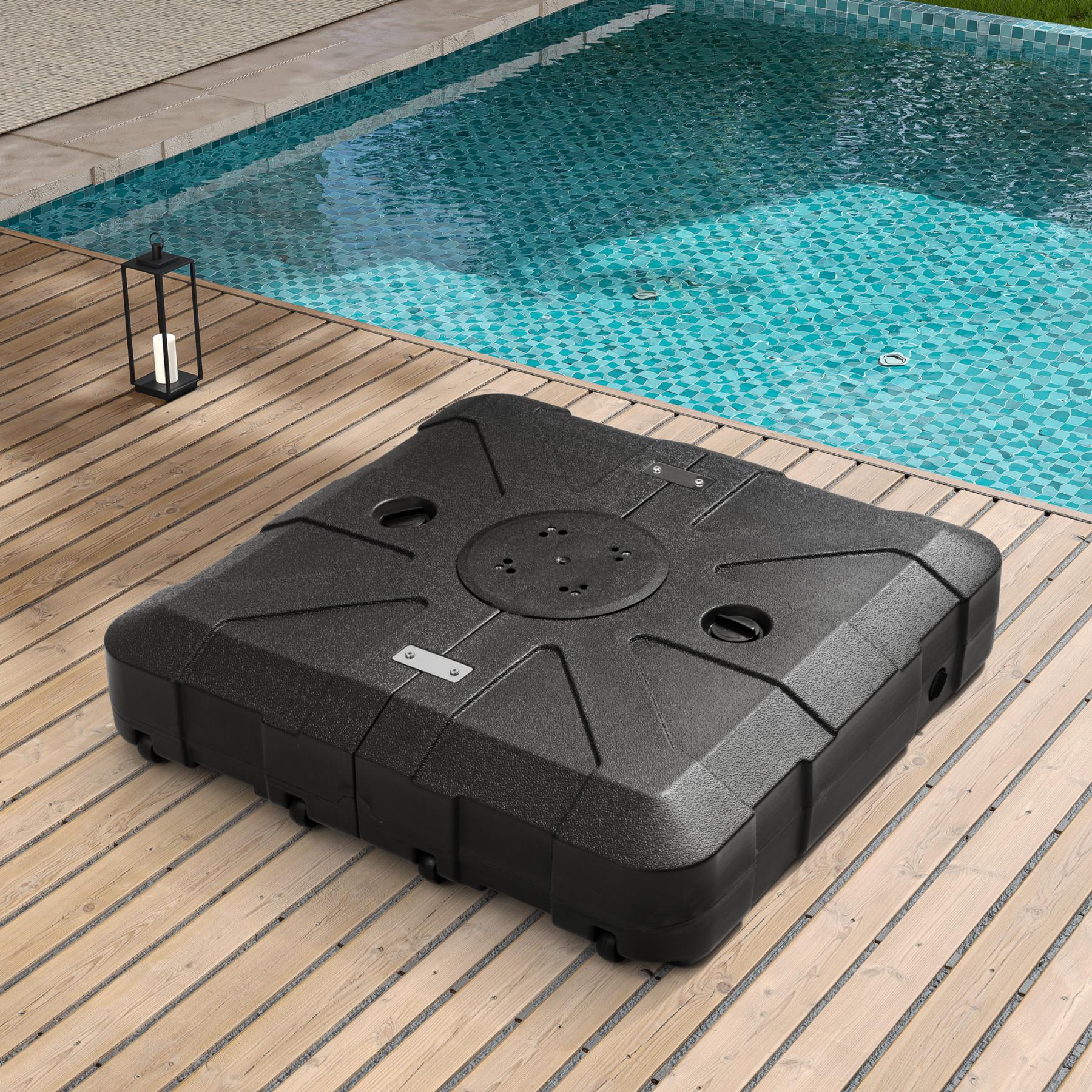 Black heavy-duty umbrella base with circular top plate and side slots