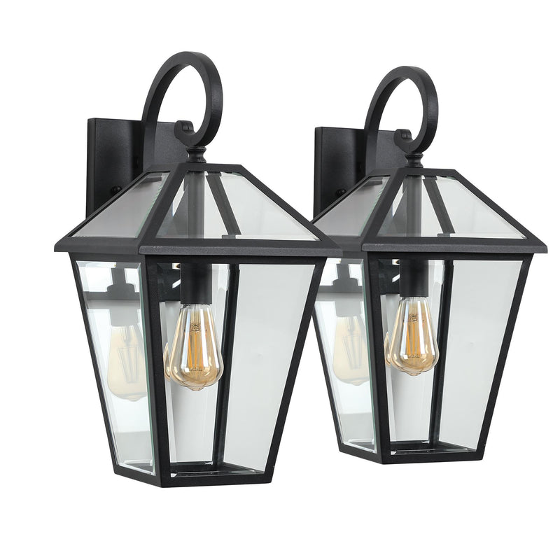 Pair of black outdoor hanging lantern lights with clear panels and exposed bulbs