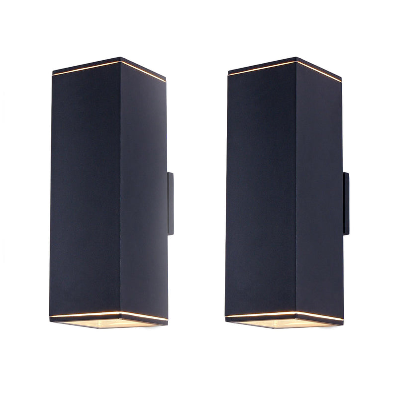 Black outdoor wall lantern light with dark rectangular shade and warm light strip