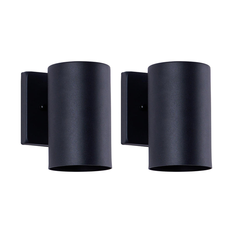 Pair of matte black outdoor wall lights with cylindrical shades and side wall mounts