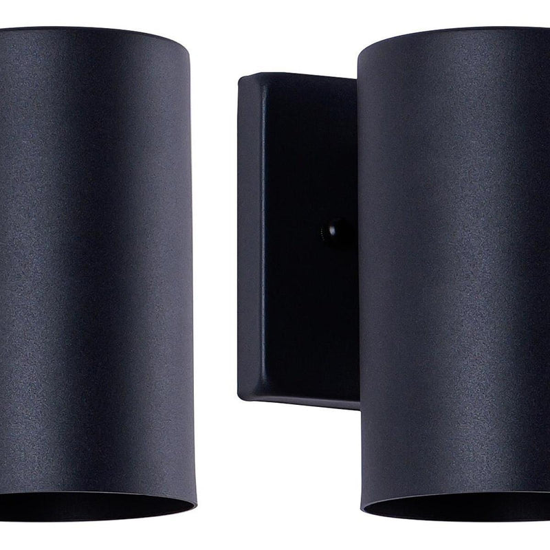 Close-up of matte black outdoor wall light with cylindrical shade and rectangular back plate