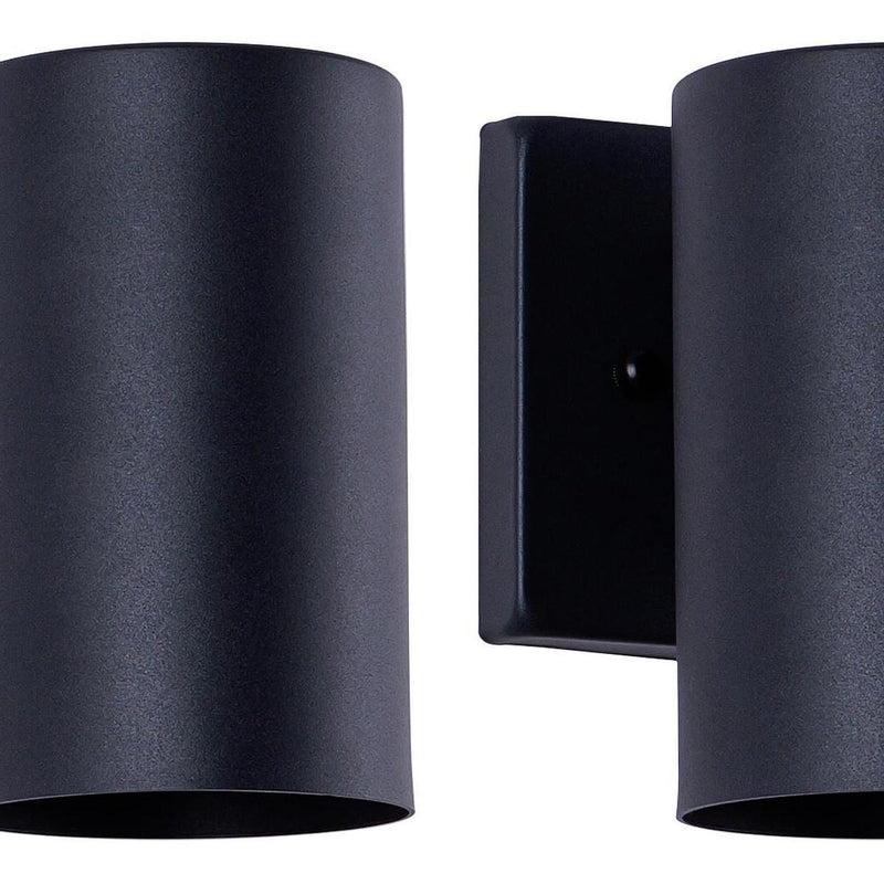 Matte black outdoor wall light with cylindrical shade and rectangular mounting back plate