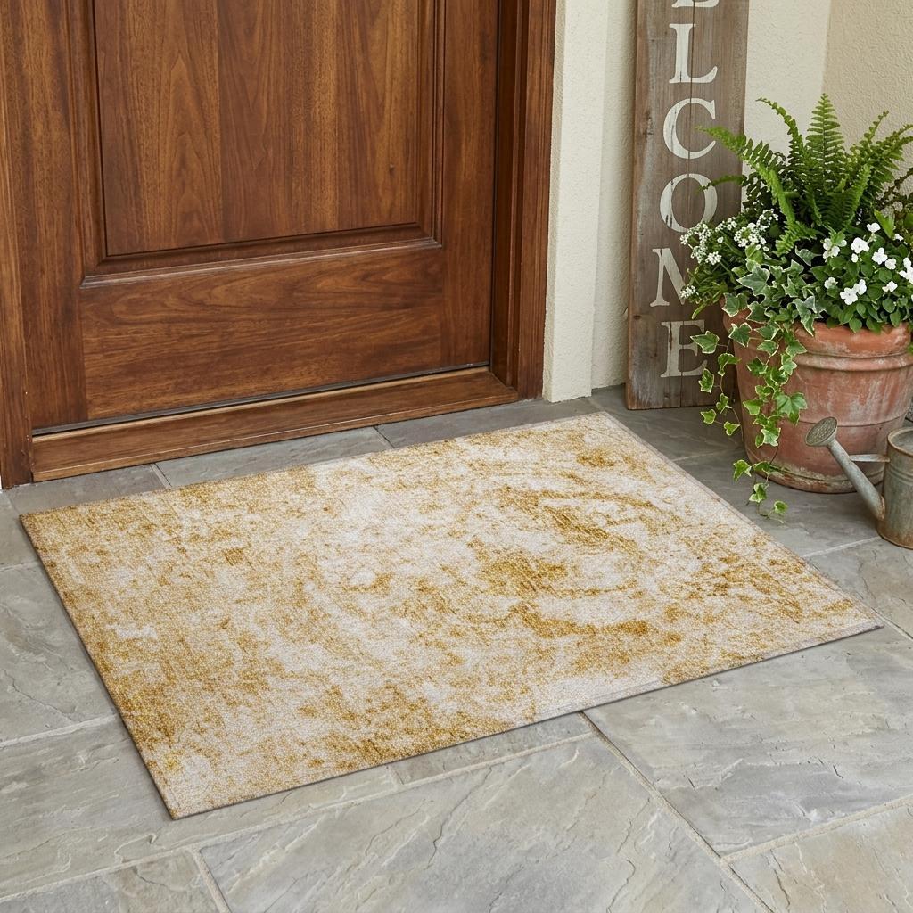 2' X 3' Cream and Gold Abstract Washable Non Skid Indoor Outdoor Area Rug - Sports & Outdoor