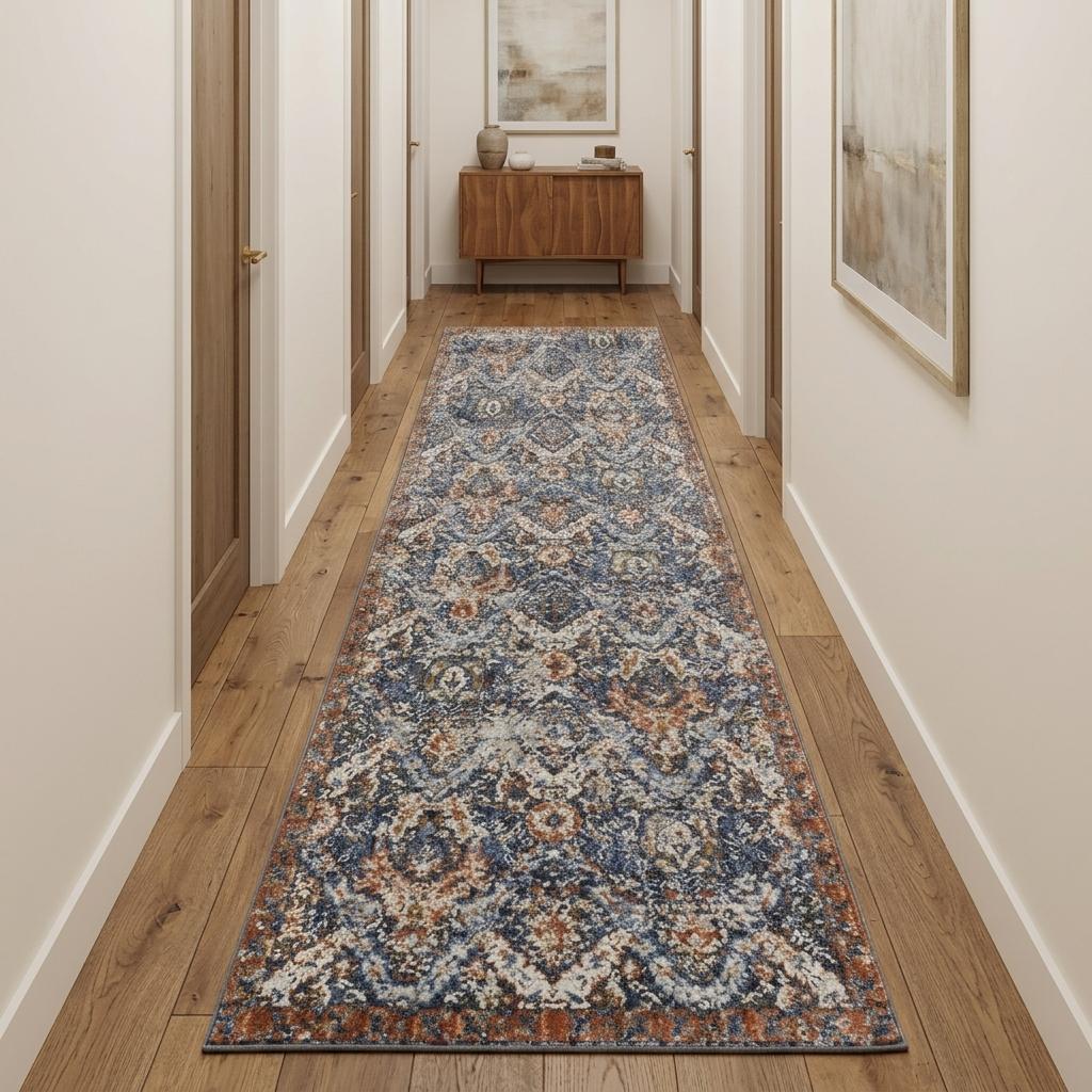 10' Ivory Blue And Burnt Orange Floral Runner Rug With Fringe - Home & Garden
