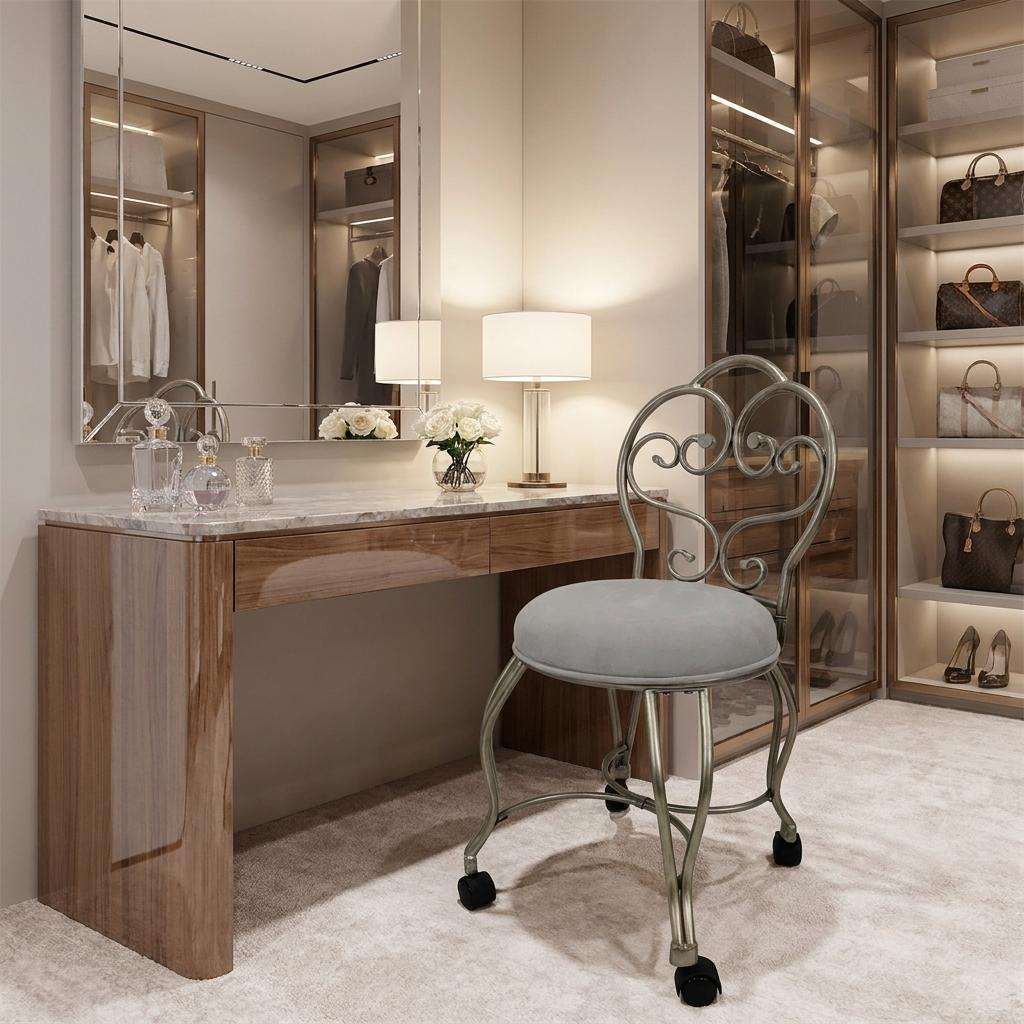 18" Cream And Silver Microfiber And Iron Distressed Vanity Chair - Living Room