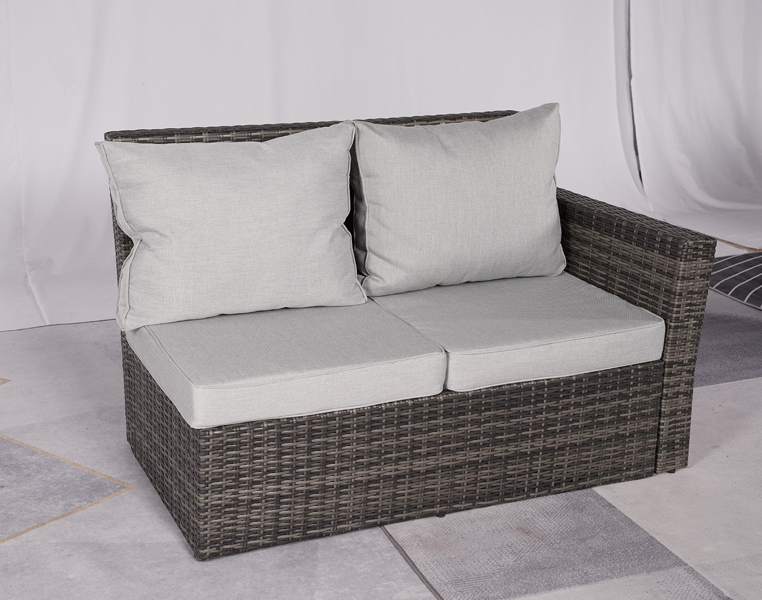 Seven Piece Gray Wicker Upholstered Cushions Sectional Seating Group With Fire Pit And Table - Outdoor