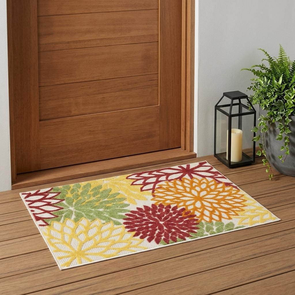 3' X 5' Green Orange and Red Indoor Outdoor Area Rug - Outdoor